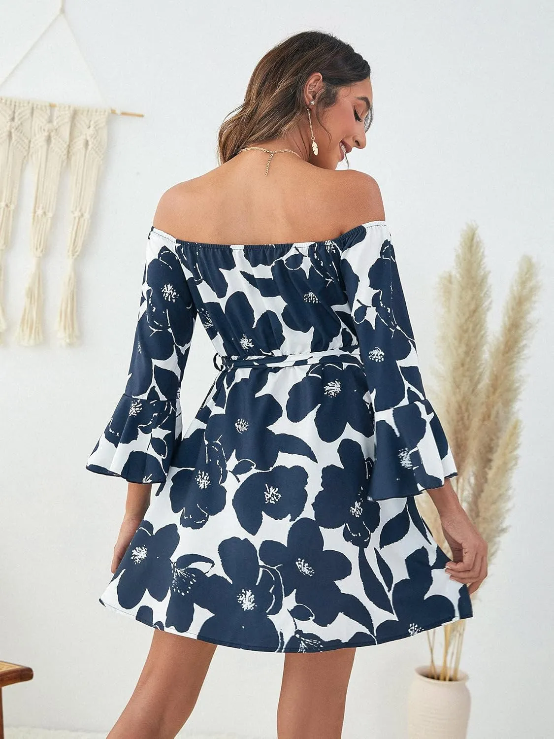 Womens Off Shoulder Ruffle Floral Summer Wedding Guest Dresses A Line Shift Short Skater Dress with Belt