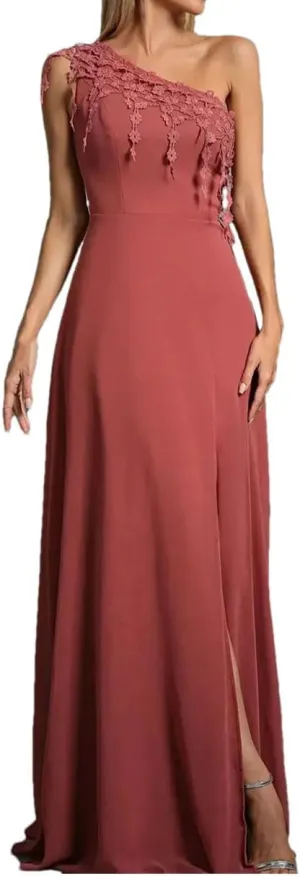 Women's One-Shoulder Lace Fringe Chiffon Slit Dress Evening Gown Party Prom Dresses