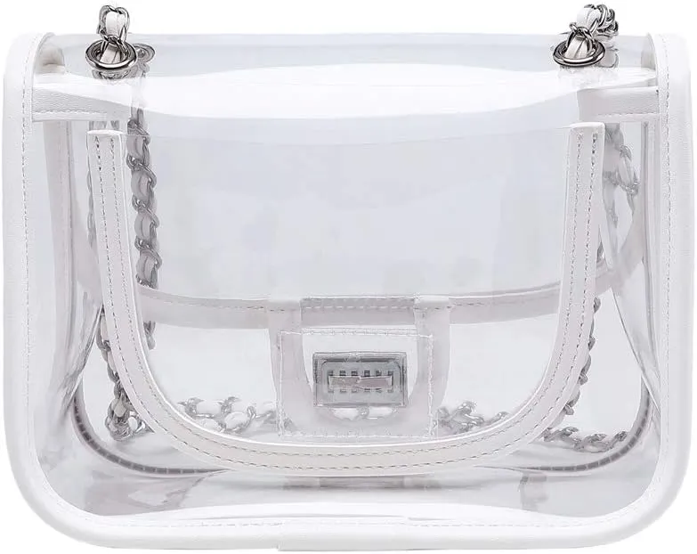 Womens PVC Clear Purse Handbag with Chain Stadium Approved Clear Bag See Through Bag for Working and Concert