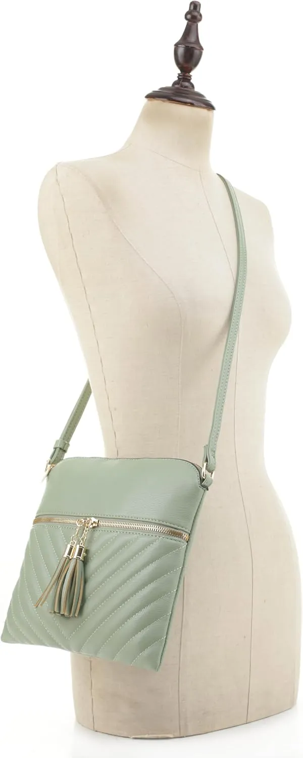 Women's Quilted Chevron Diamond Slim Multi Pocket Tassel Zipper Messenger Crossbody