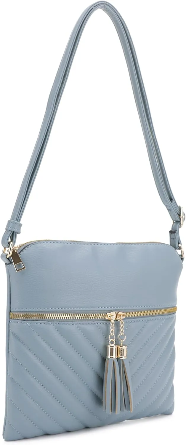 Women's Quilted Chevron Diamond Slim Multi Pocket Tassel Zipper Messenger Crossbody