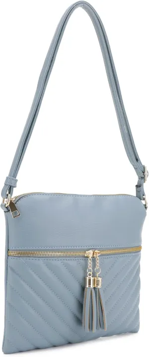 Women's Quilted Chevron Diamond Slim Multi Pocket Tassel Zipper Messenger Crossbody