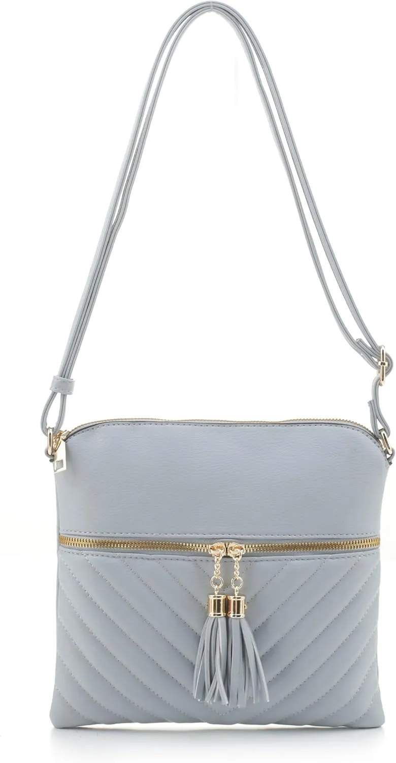 Women's Quilted Chevron Diamond Slim Multi Pocket Tassel Zipper Messenger Crossbody