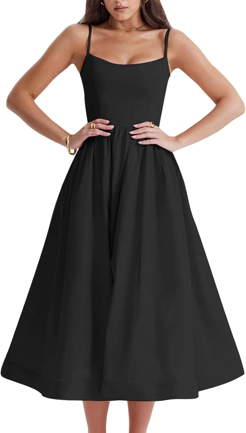 Women's Sexy Low Cut Spaghetti Strap Long Dress Casual Sleeveless Backless Slimd Midi Dress Square Neck Bustier Dress