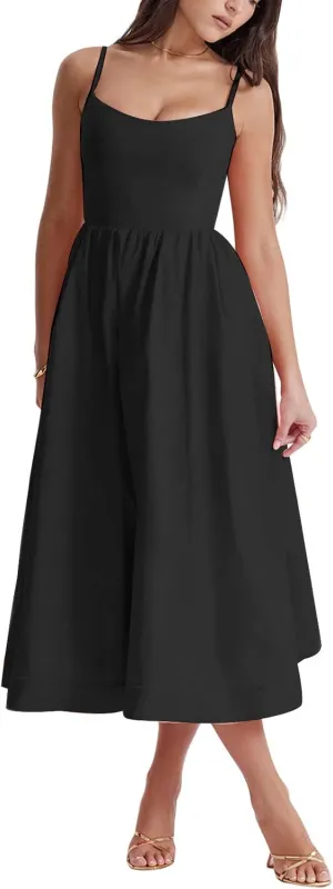 Women's Sexy Low Cut Spaghetti Strap Long Dress Casual Sleeveless Backless Slimd Midi Dress Square Neck Bustier Dress