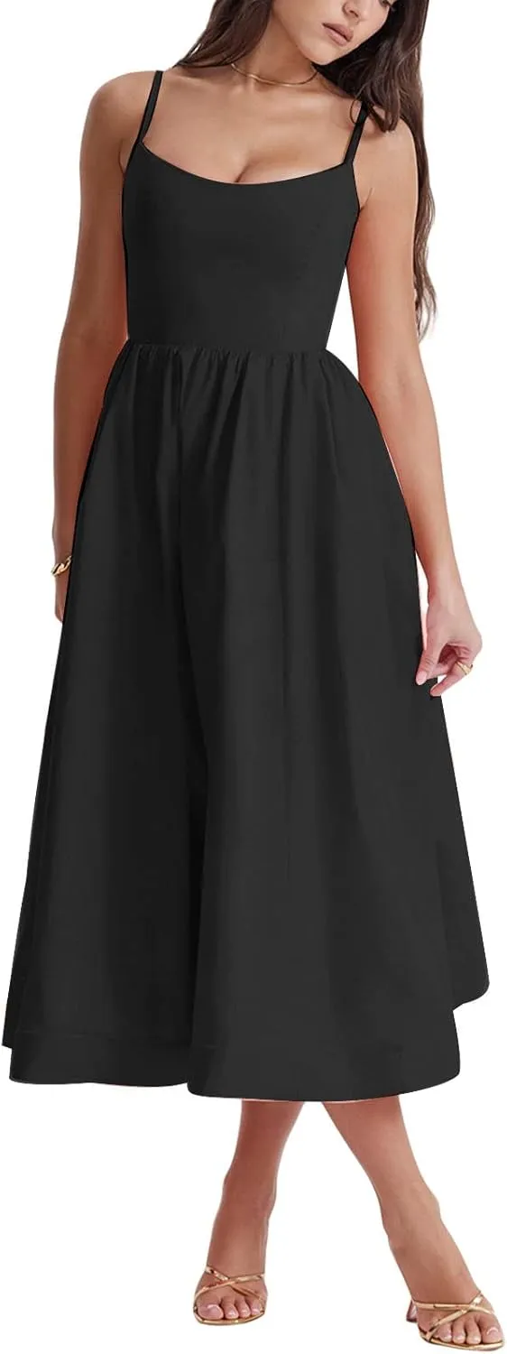 Women's Sexy Low Cut Spaghetti Strap Long Dress Casual Sleeveless Backless Slimd Midi Dress Square Neck Bustier Dress