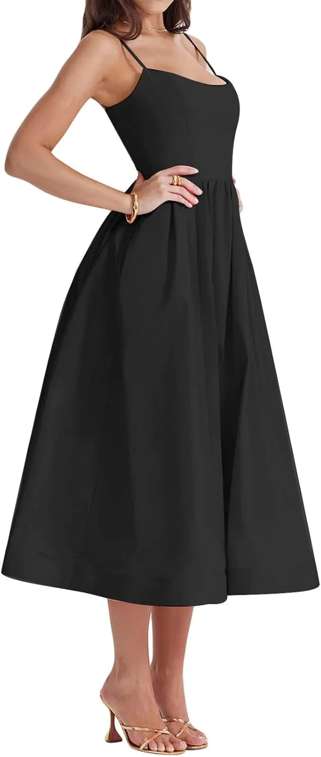 Women's Sexy Low Cut Spaghetti Strap Long Dress Casual Sleeveless Backless Slimd Midi Dress Square Neck Bustier Dress
