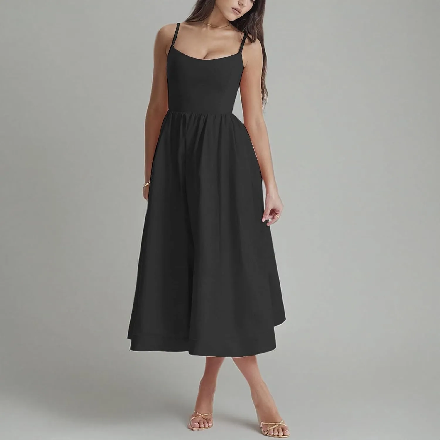 Women's Sexy Low Cut Spaghetti Strap Long Dress Casual Sleeveless Backless Slimd Midi Dress Square Neck Bustier Dress