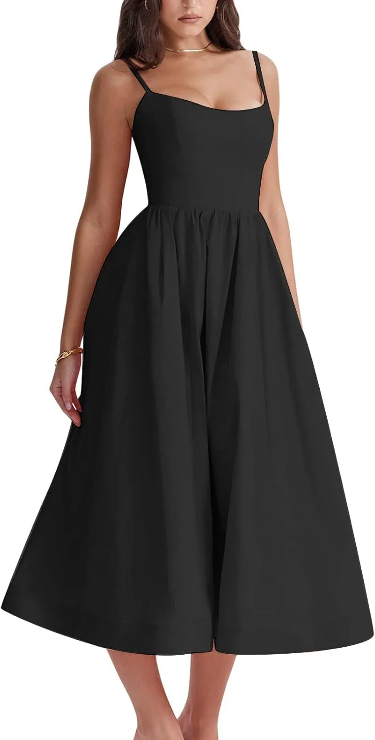 Women's Sexy Low Cut Spaghetti Strap Long Dress Casual Sleeveless Backless Slimd Midi Dress Square Neck Bustier Dress