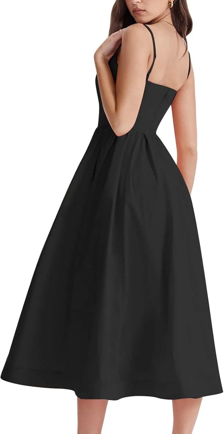 Women's Sexy Low Cut Spaghetti Strap Long Dress Casual Sleeveless Backless Slimd Midi Dress Square Neck Bustier Dress