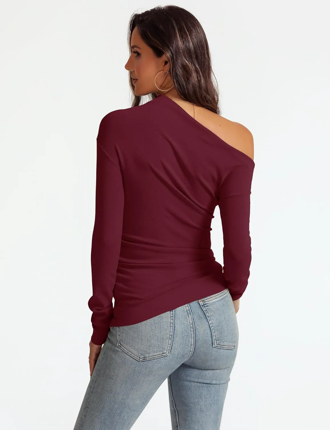 Women's Sexy Off Shoulder Tops Dressy Long Sleeve Asymmetrical Slim Fit Going Out Fall Blouse Ruched Shirts