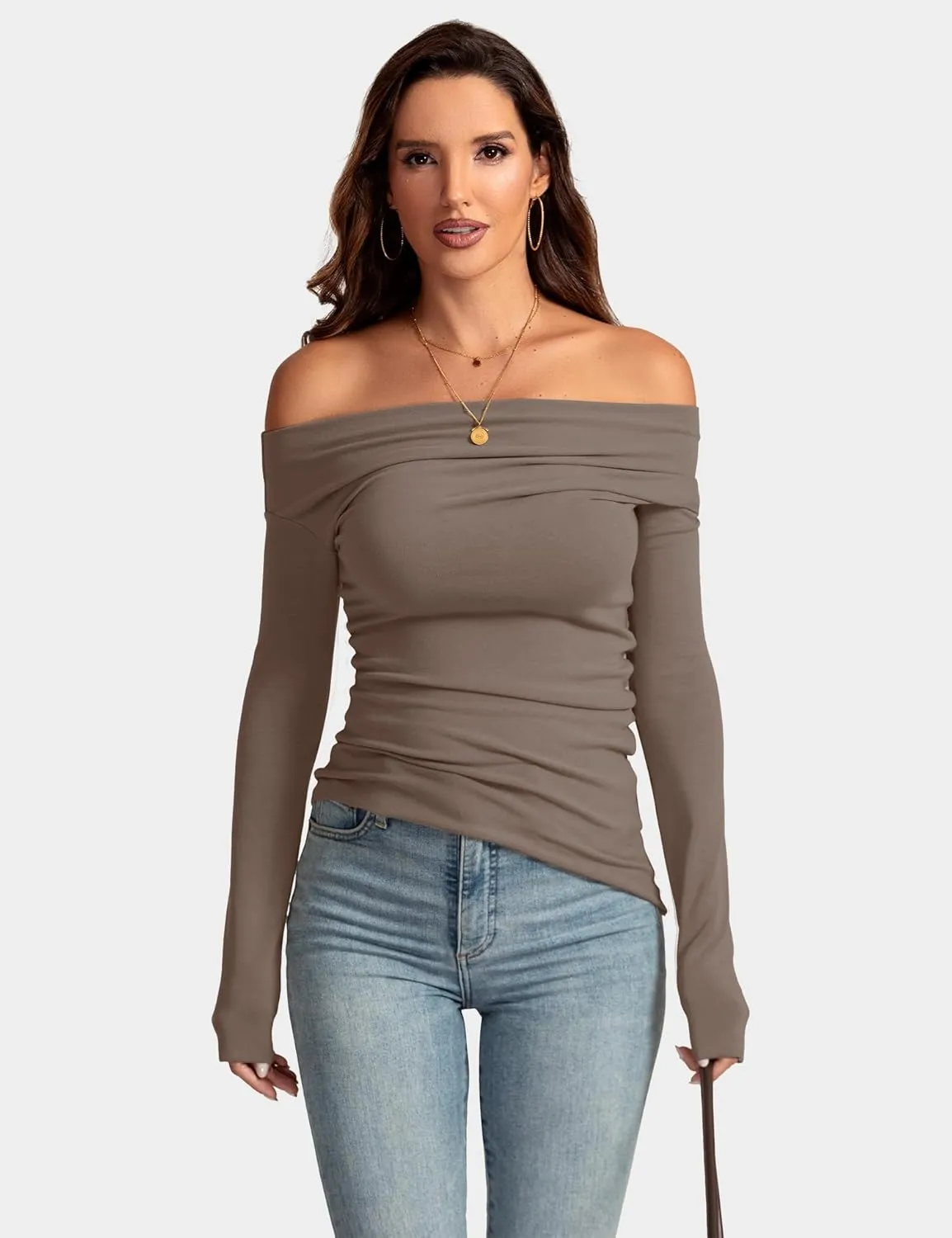 Women's Sexy Off Shoulder Tops Dressy Long Sleeve Asymmetrical Slim Fit Going Out Fall Blouse Ruched Shirts