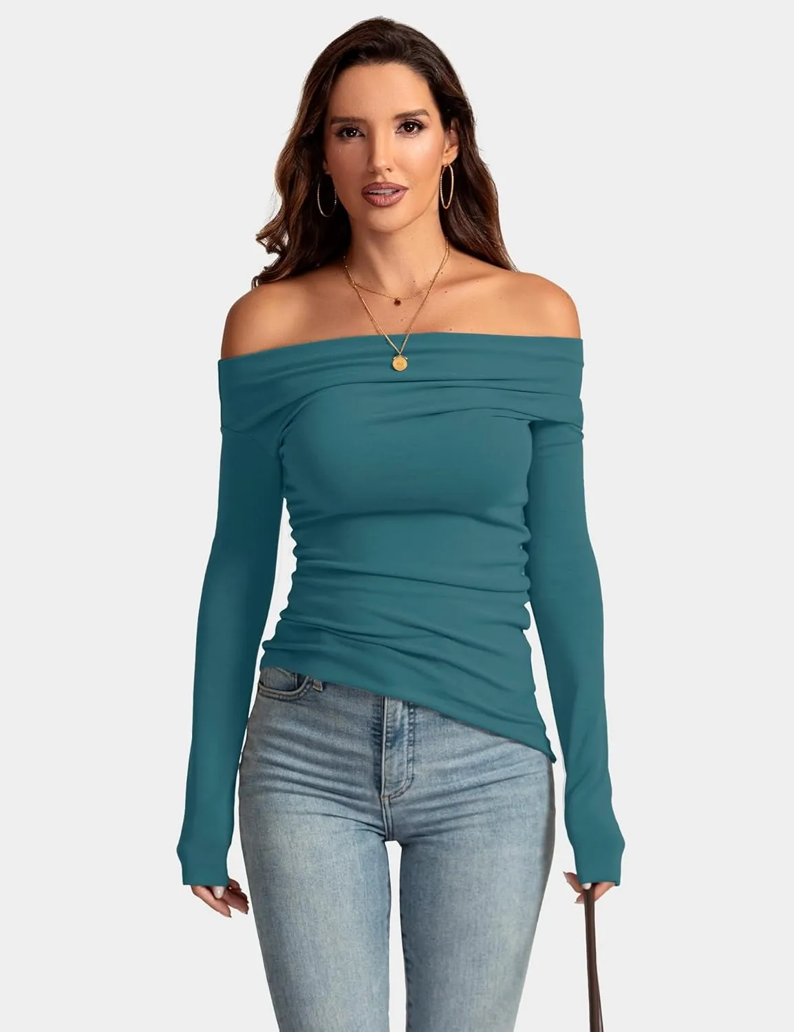 Women's Sexy Off Shoulder Tops Dressy Long Sleeve Asymmetrical Slim Fit Going Out Fall Blouse Ruched Shirts