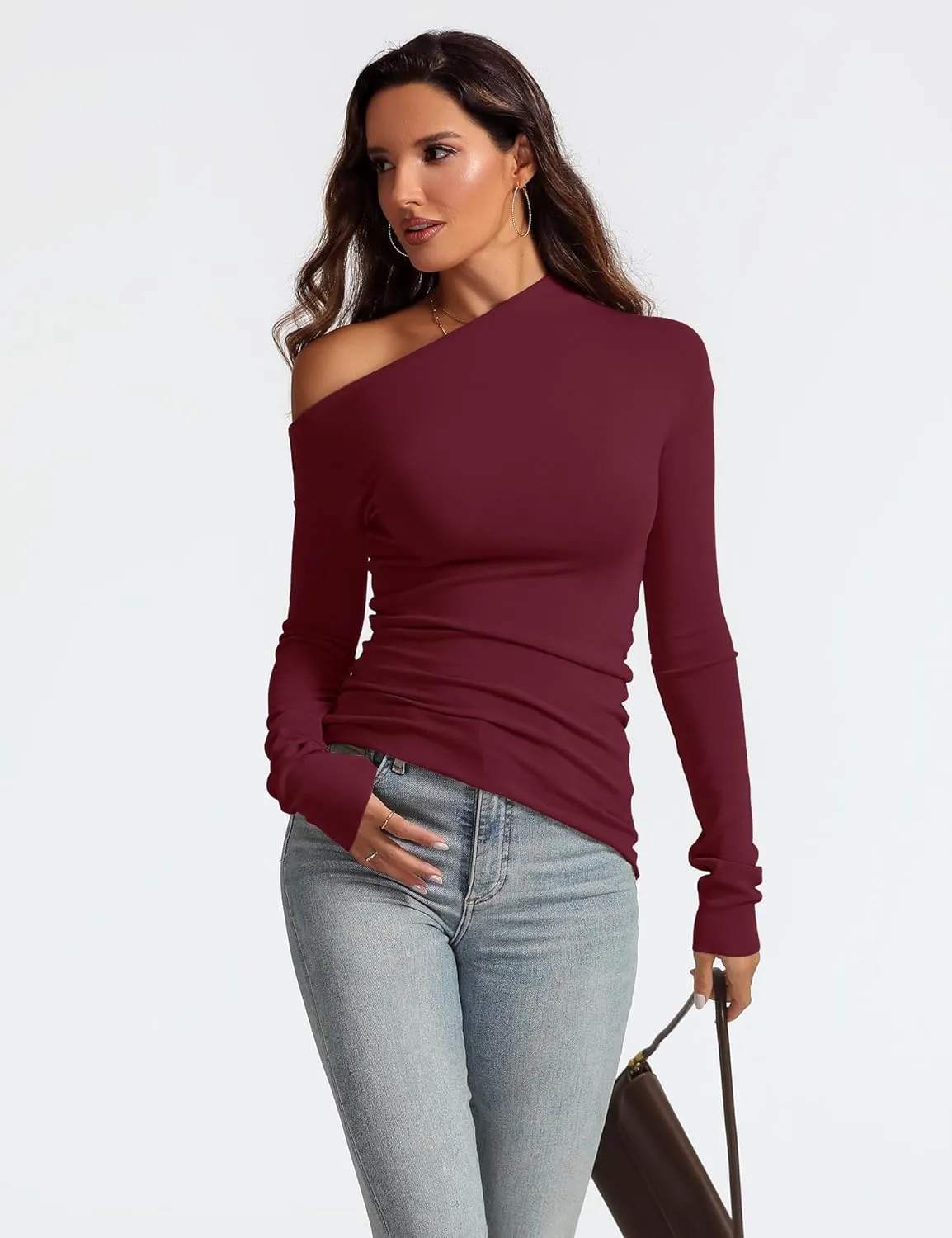 Women's Sexy Off Shoulder Tops Dressy Long Sleeve Asymmetrical Slim Fit Going Out Fall Blouse Ruched Shirts