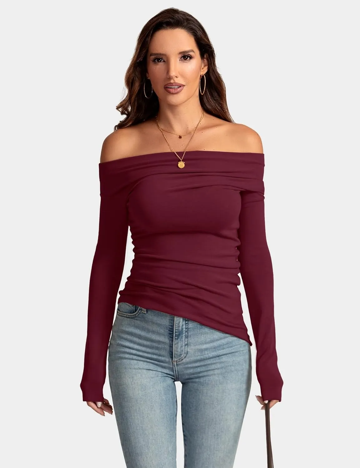Women's Sexy Off Shoulder Tops Dressy Long Sleeve Asymmetrical Slim Fit Going Out Fall Blouse Ruched Shirts