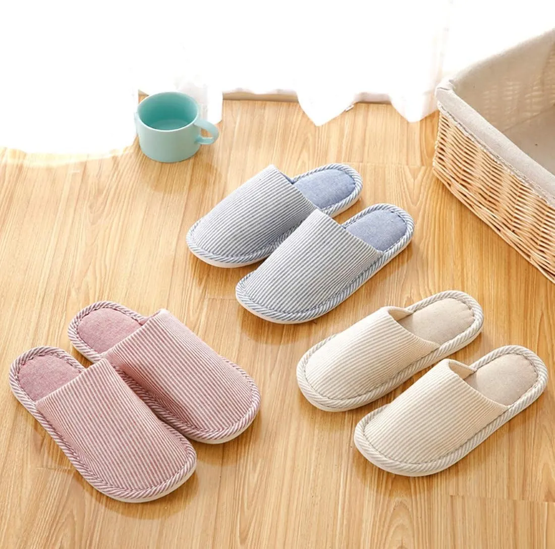 Women's Striped Linen Comfortable Non-Slip Cotton Slippers, Closed Toe Spa Slippers, Machine Washable