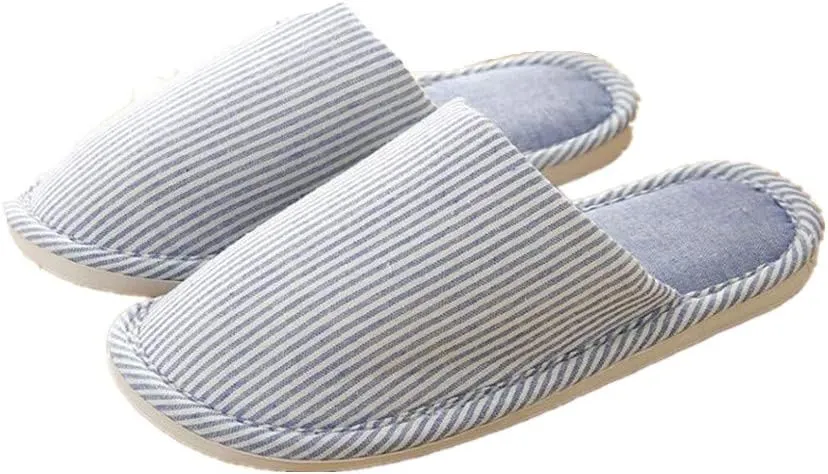 Women's Striped Linen Comfortable Non-Slip Cotton Slippers, Closed Toe Spa Slippers, Machine Washable