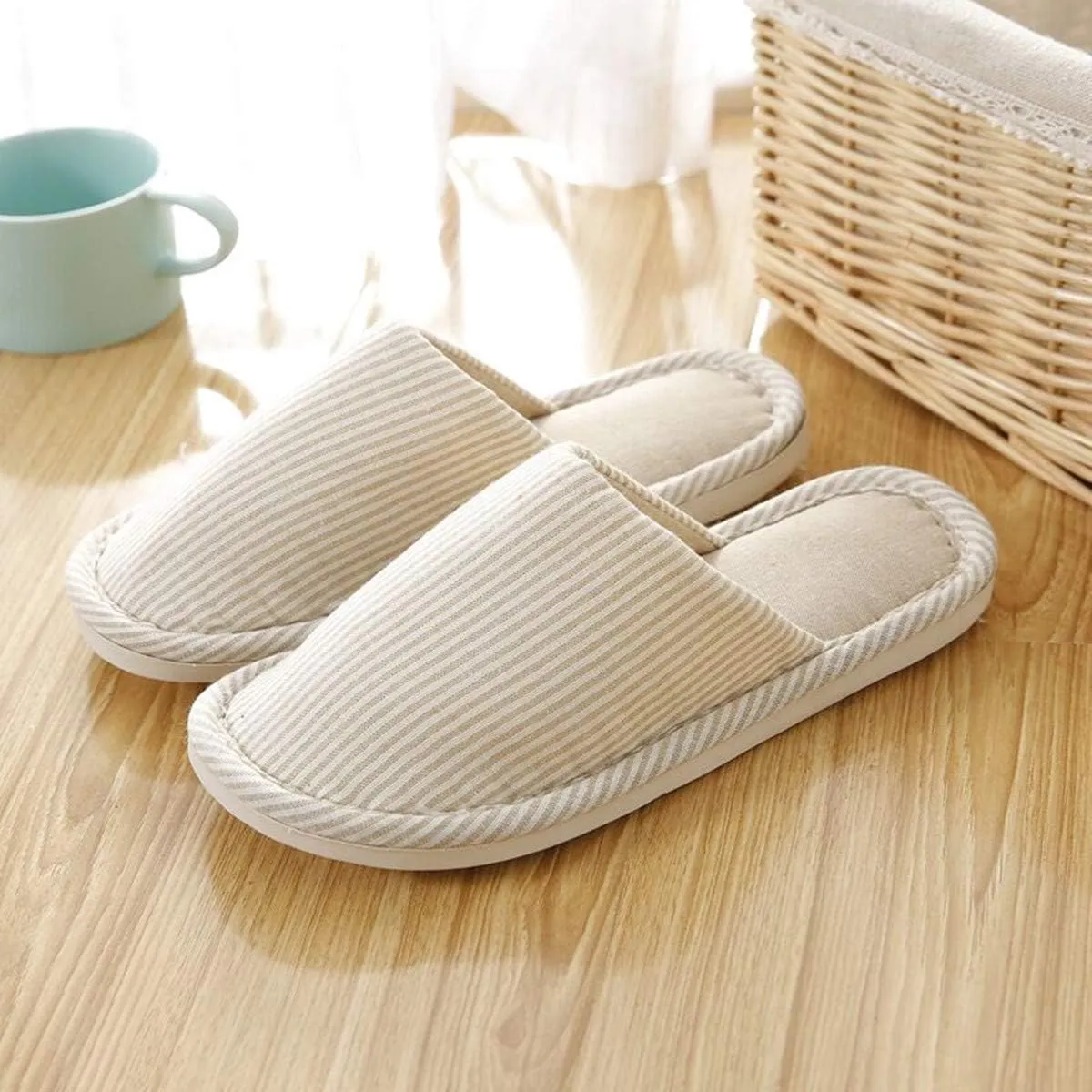 Women's Striped Linen Comfortable Non-Slip Cotton Slippers, Closed Toe Spa Slippers, Machine Washable