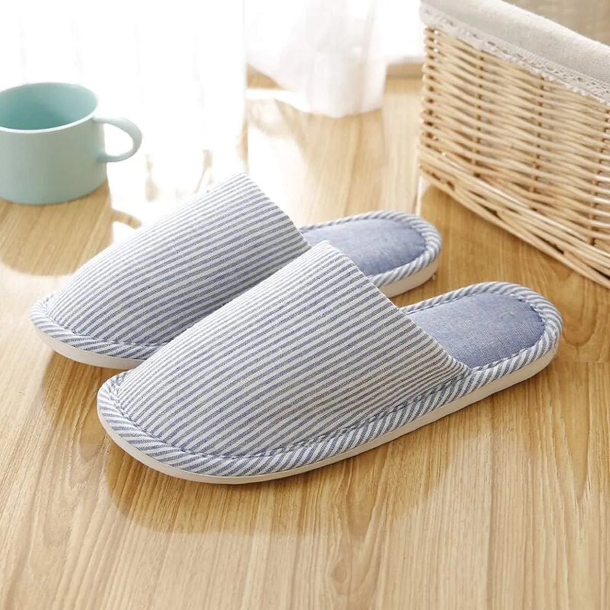 Women's Striped Linen Comfortable Non-Slip Cotton Slippers, Closed Toe Spa Slippers, Machine Washable