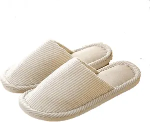 Women's Striped Linen Comfortable Non-Slip Cotton Slippers, Closed Toe Spa Slippers, Machine Washable