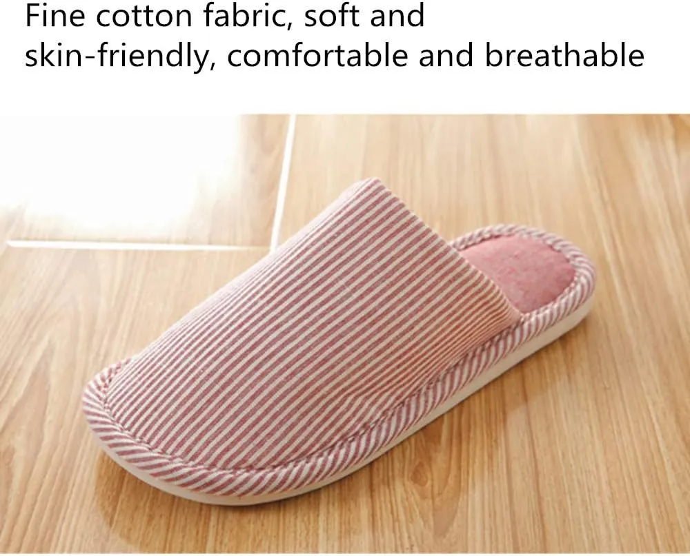 Women's Striped Linen Comfortable Non-Slip Cotton Slippers, Closed Toe Spa Slippers, Machine Washable