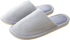 Women's Striped Linen Comfortable Non-Slip Cotton Slippers, Closed Toe Spa Slippers, Machine Washable