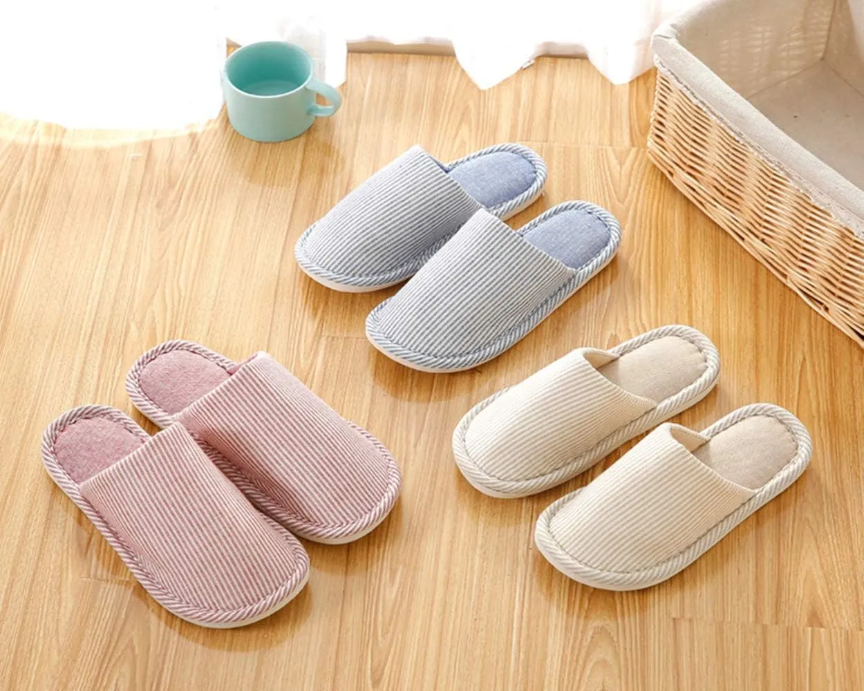 Women's Striped Linen Comfortable Non-Slip Cotton Slippers, Closed Toe Spa Slippers, Machine Washable