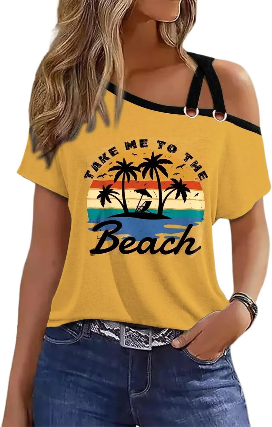 Womens Summer Trendy Cold Shoulder Short Sleeve T Shirts Criss Cross Casual Loose Tunic Shirts Tops Blouses