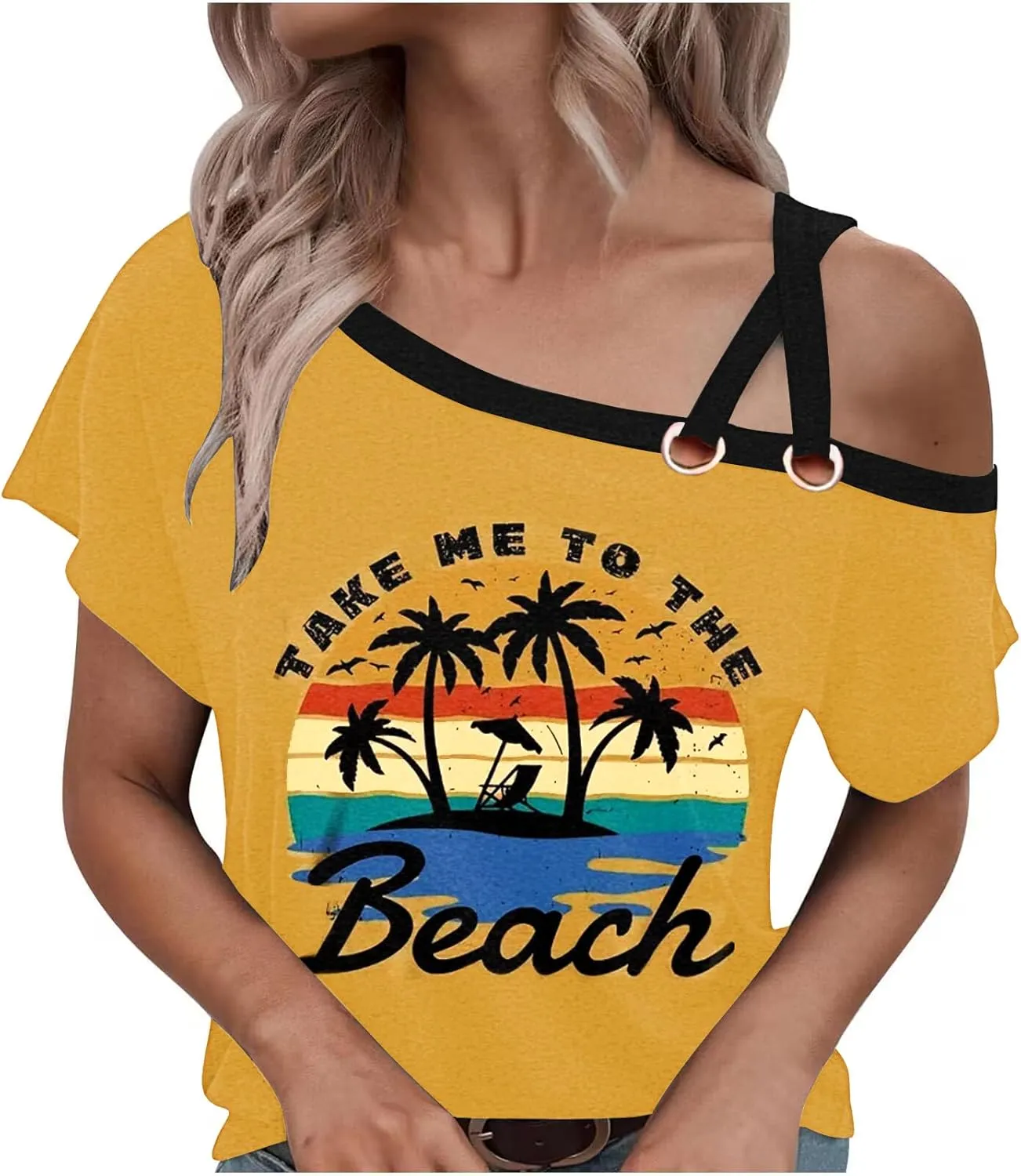 Womens Summer Trendy Cold Shoulder Short Sleeve T Shirts Criss Cross Casual Loose Tunic Shirts Tops Blouses