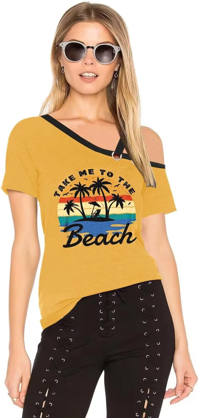 Womens Summer Trendy Cold Shoulder Short Sleeve T Shirts Criss Cross Casual Loose Tunic Shirts Tops Blouses