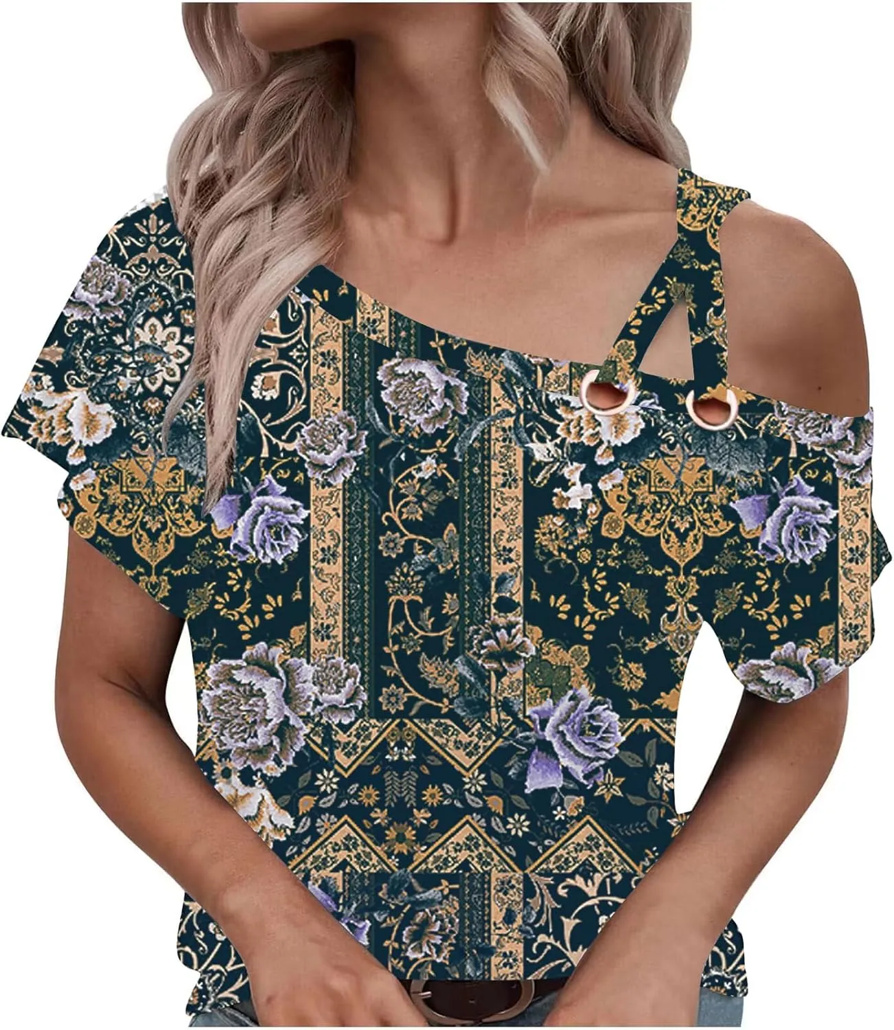 Womens Summer Trendy Cold Shoulder Short Sleeve T Shirts Criss Cross Casual Loose Tunic Shirts Tops Blouses