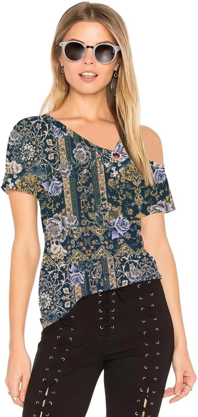 Womens Summer Trendy Cold Shoulder Short Sleeve T Shirts Criss Cross Casual Loose Tunic Shirts Tops Blouses