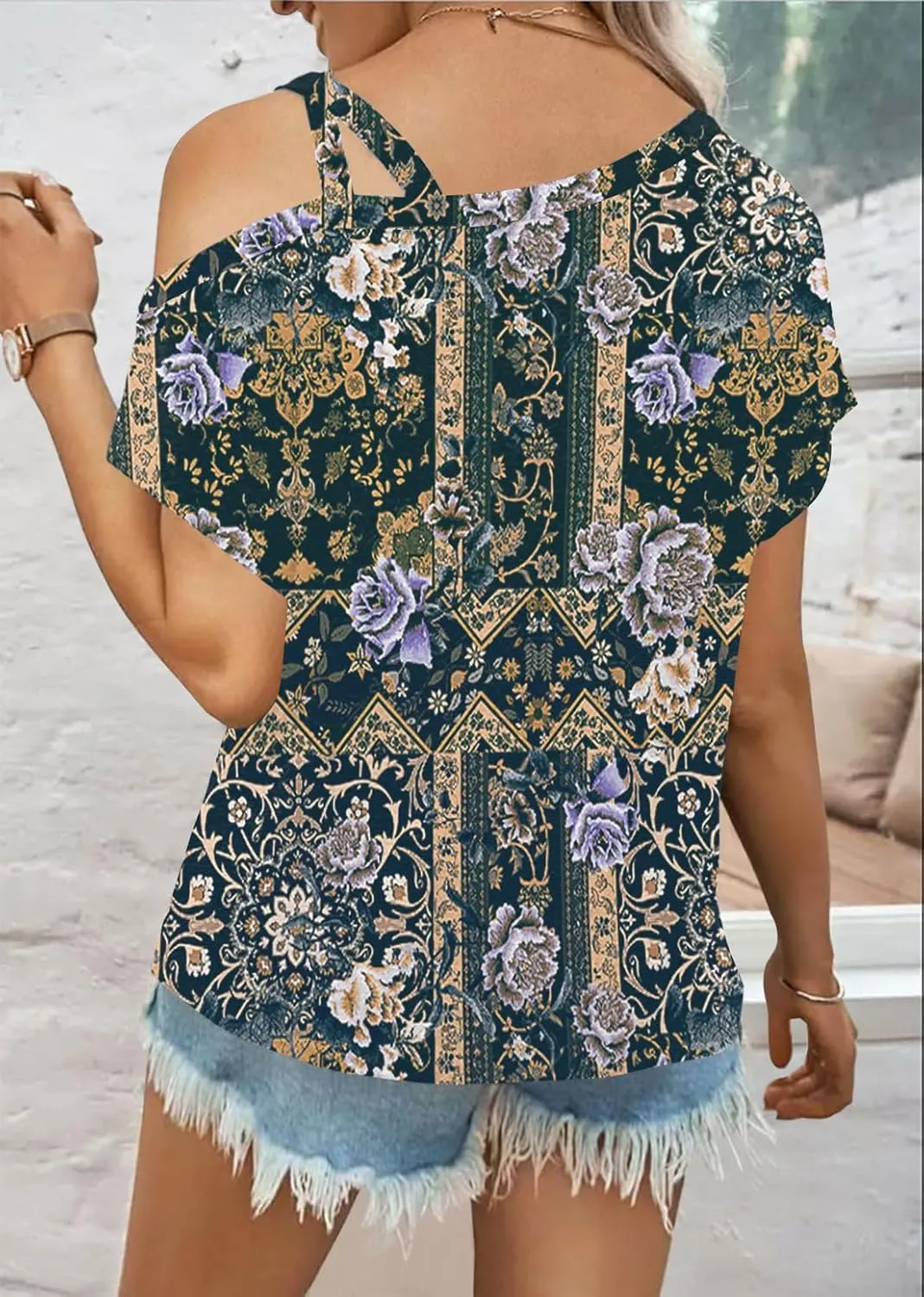 Womens Summer Trendy Cold Shoulder Short Sleeve T Shirts Criss Cross Casual Loose Tunic Shirts Tops Blouses