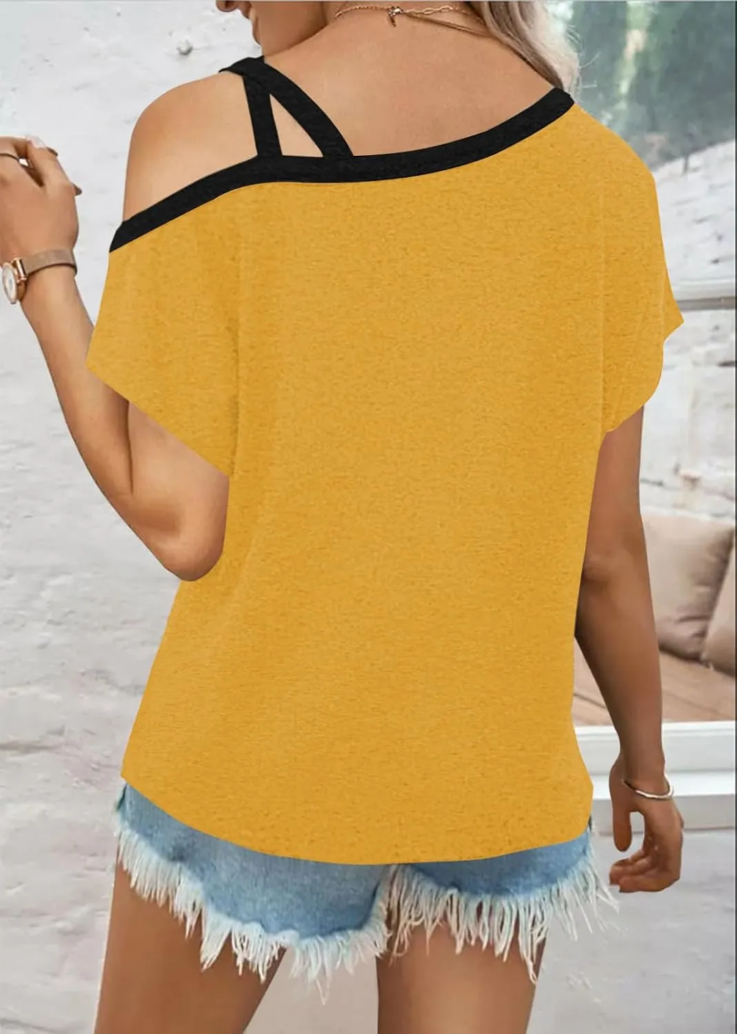 Womens Summer Trendy Cold Shoulder Short Sleeve T Shirts Criss Cross Casual Loose Tunic Shirts Tops Blouses
