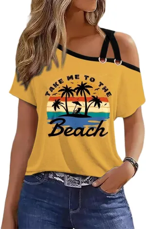 Womens Summer Trendy Cold Shoulder Short Sleeve T Shirts Criss Cross Casual Loose Tunic Shirts Tops Blouses