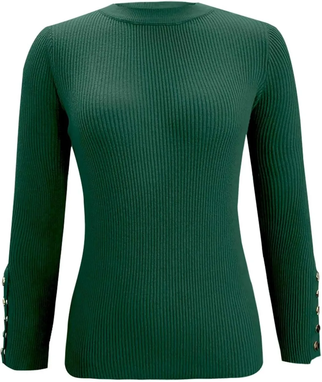 Women's Sweater Solid Casual Crew Button Long Sleeve Knitted Base Pullover Slim Fit Versatile Ribbed Stretch Tops