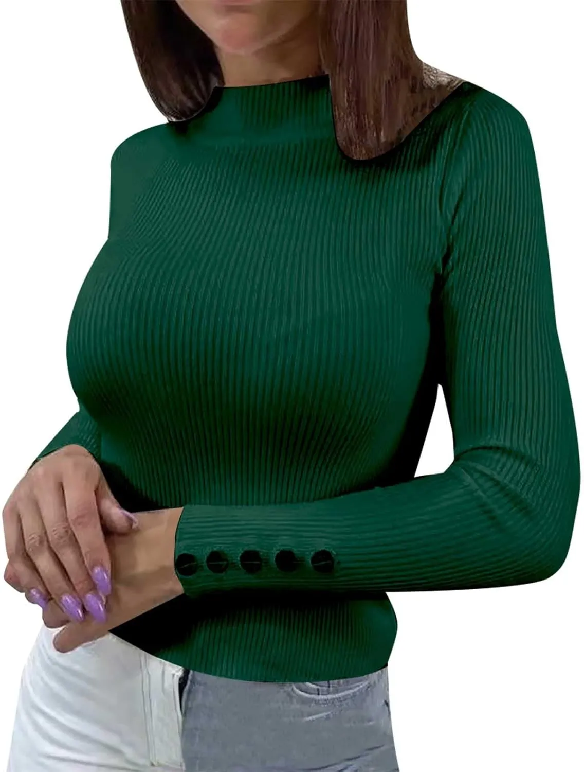 Women's Sweater Solid Casual Crew Button Long Sleeve Knitted Base Pullover Slim Fit Versatile Ribbed Stretch Tops