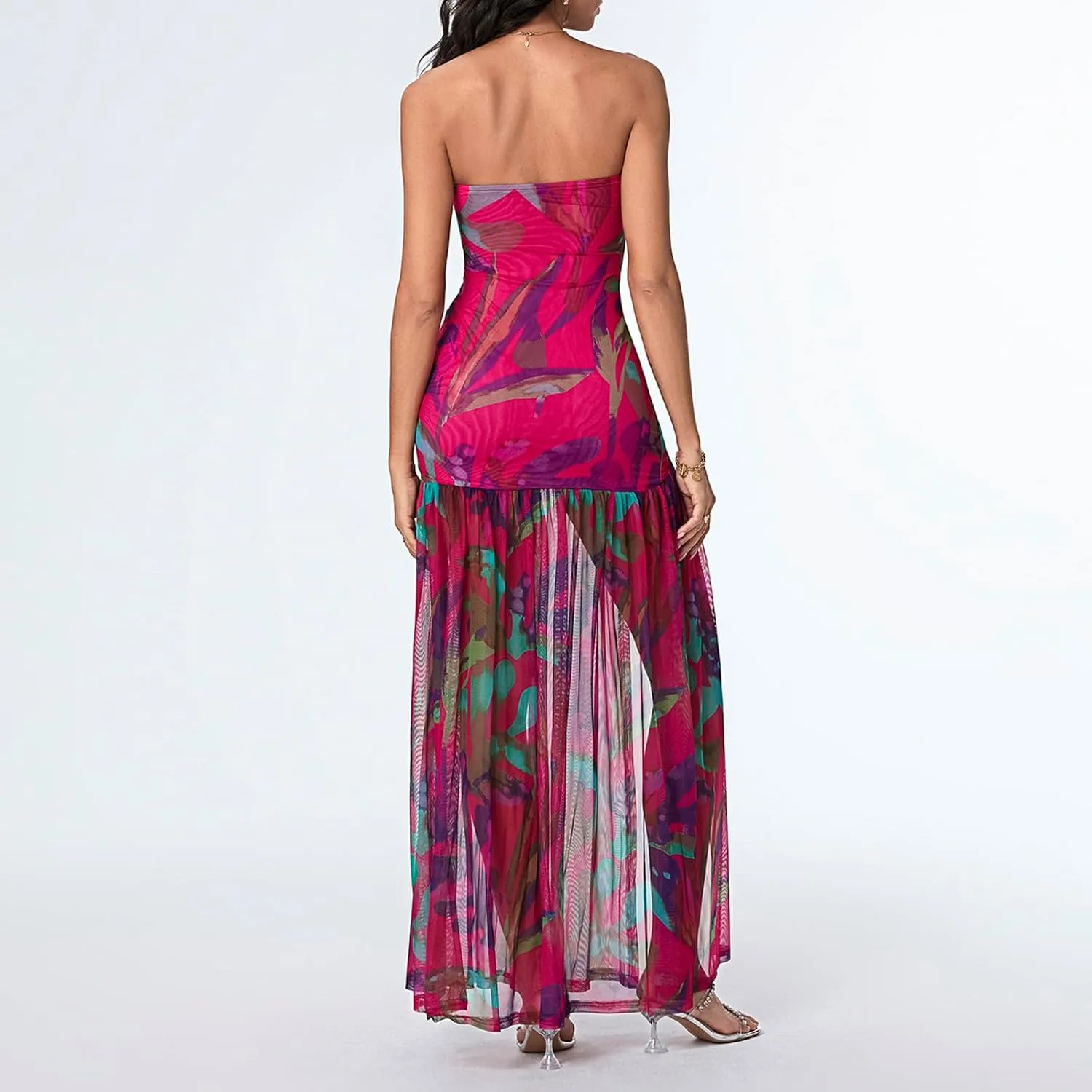 Women's Tube Top Dress Sexy Strapless Backless Mesh Patchwork High Slit Maxi Dress Boho Tropical Printed Long Dress