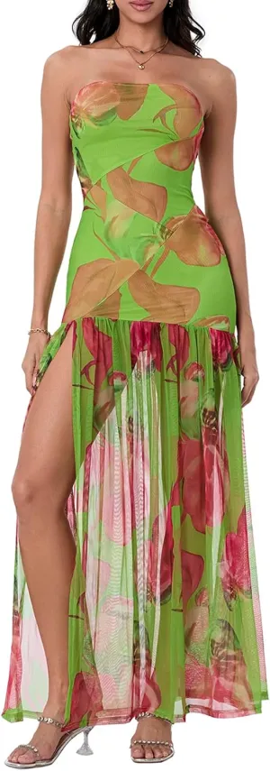 Women's Tube Top Dress Sexy Strapless Backless Mesh Patchwork High Slit Maxi Dress Boho Tropical Printed Long Dress