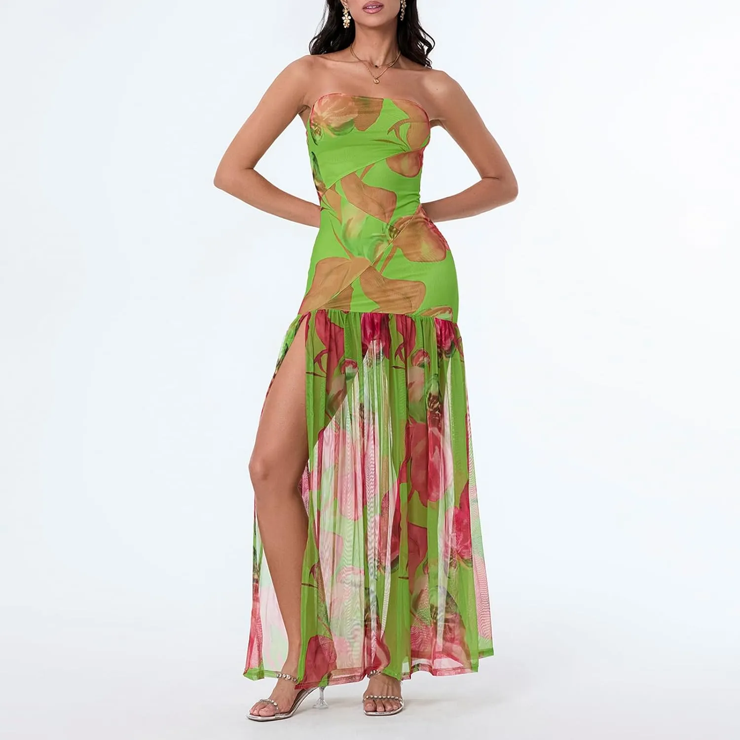 Women's Tube Top Dress Sexy Strapless Backless Mesh Patchwork High Slit Maxi Dress Boho Tropical Printed Long Dress