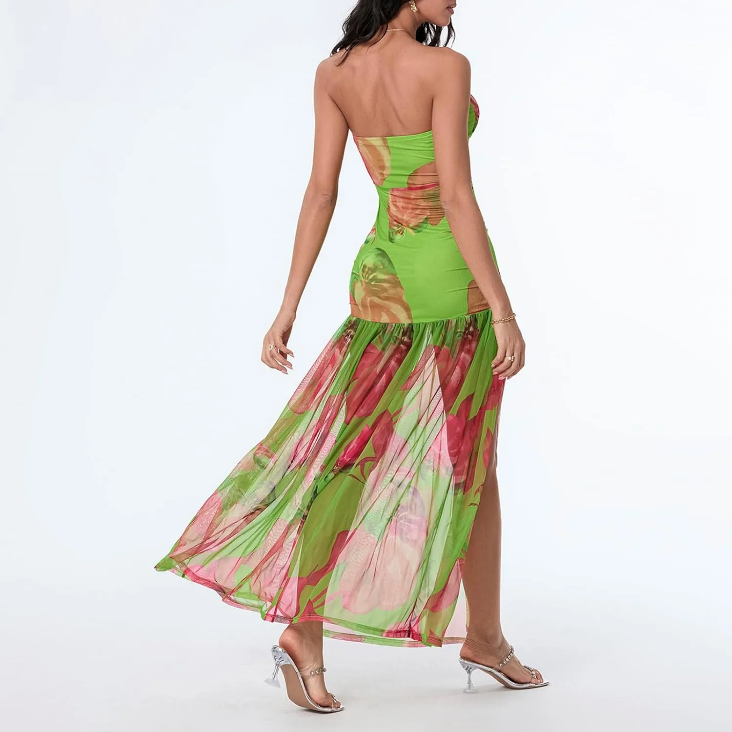 Women's Tube Top Dress Sexy Strapless Backless Mesh Patchwork High Slit Maxi Dress Boho Tropical Printed Long Dress