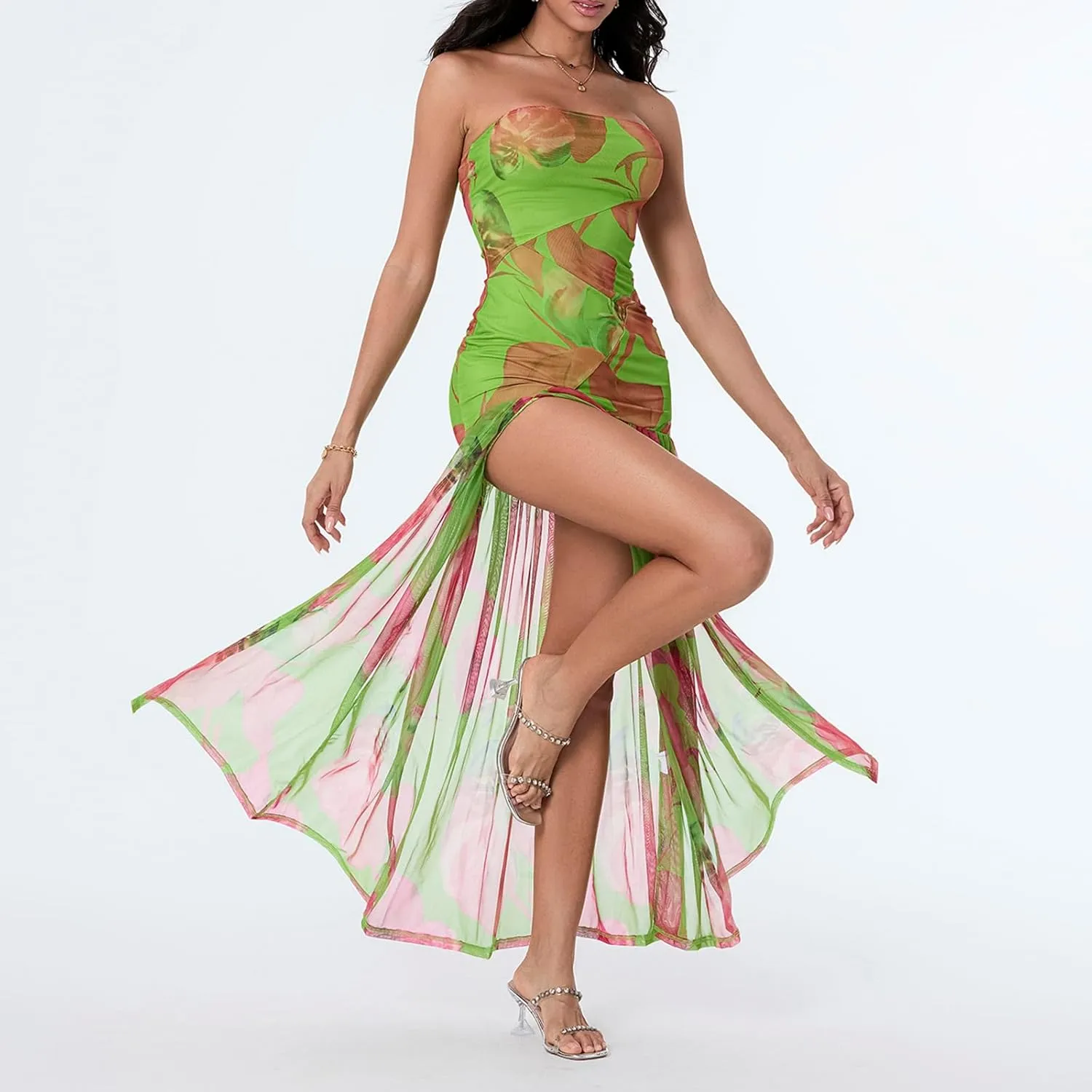 Women's Tube Top Dress Sexy Strapless Backless Mesh Patchwork High Slit Maxi Dress Boho Tropical Printed Long Dress