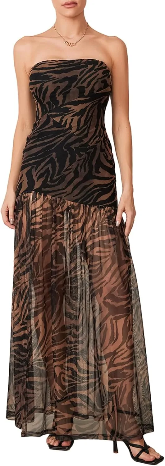 Women's Tube Top Dress Slim Strapless Backless Mesh Patchwork Tropical Leopard Print High Slit Long Dress
