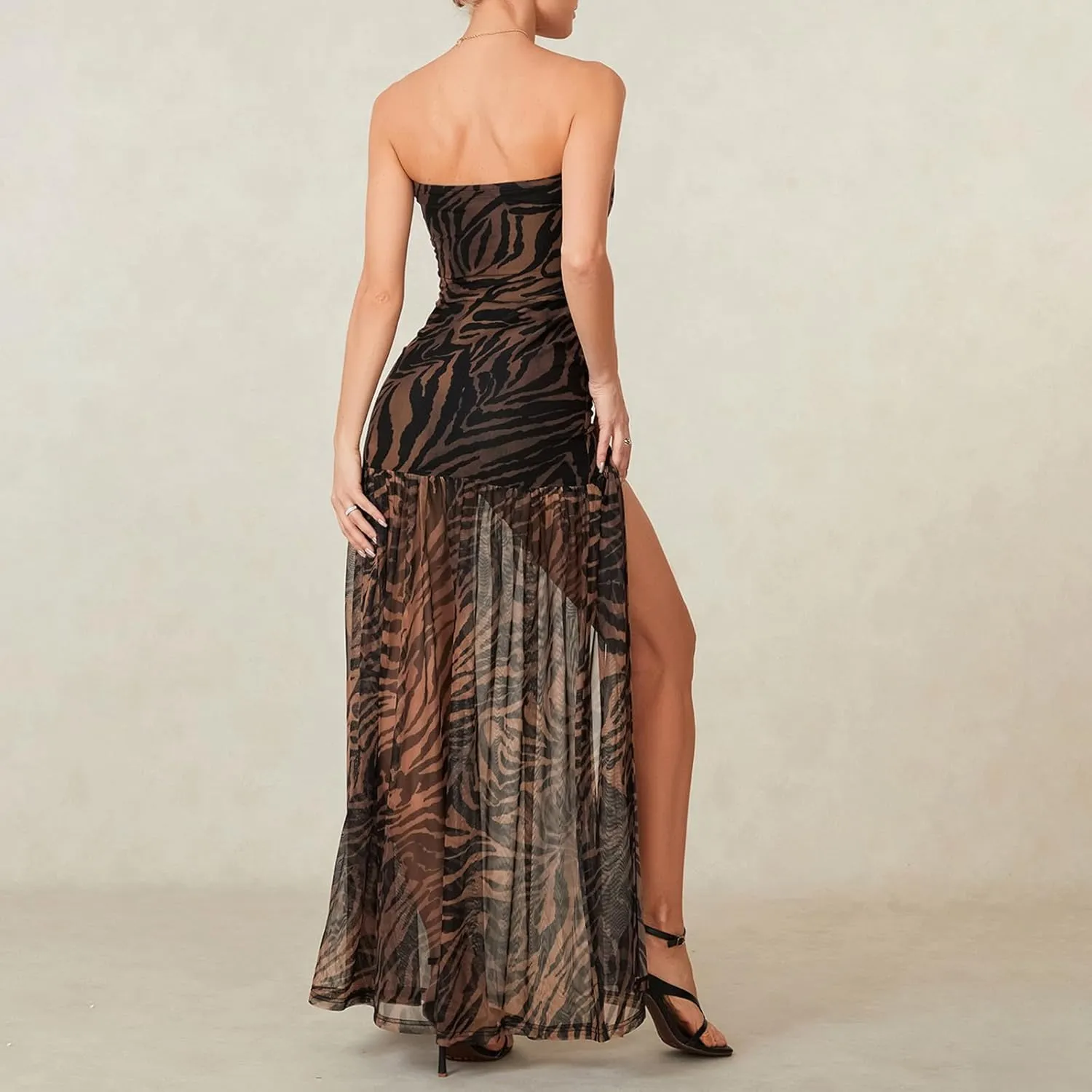 Women's Tube Top Dress Slim Strapless Backless Mesh Patchwork Tropical Leopard Print High Slit Long Dress