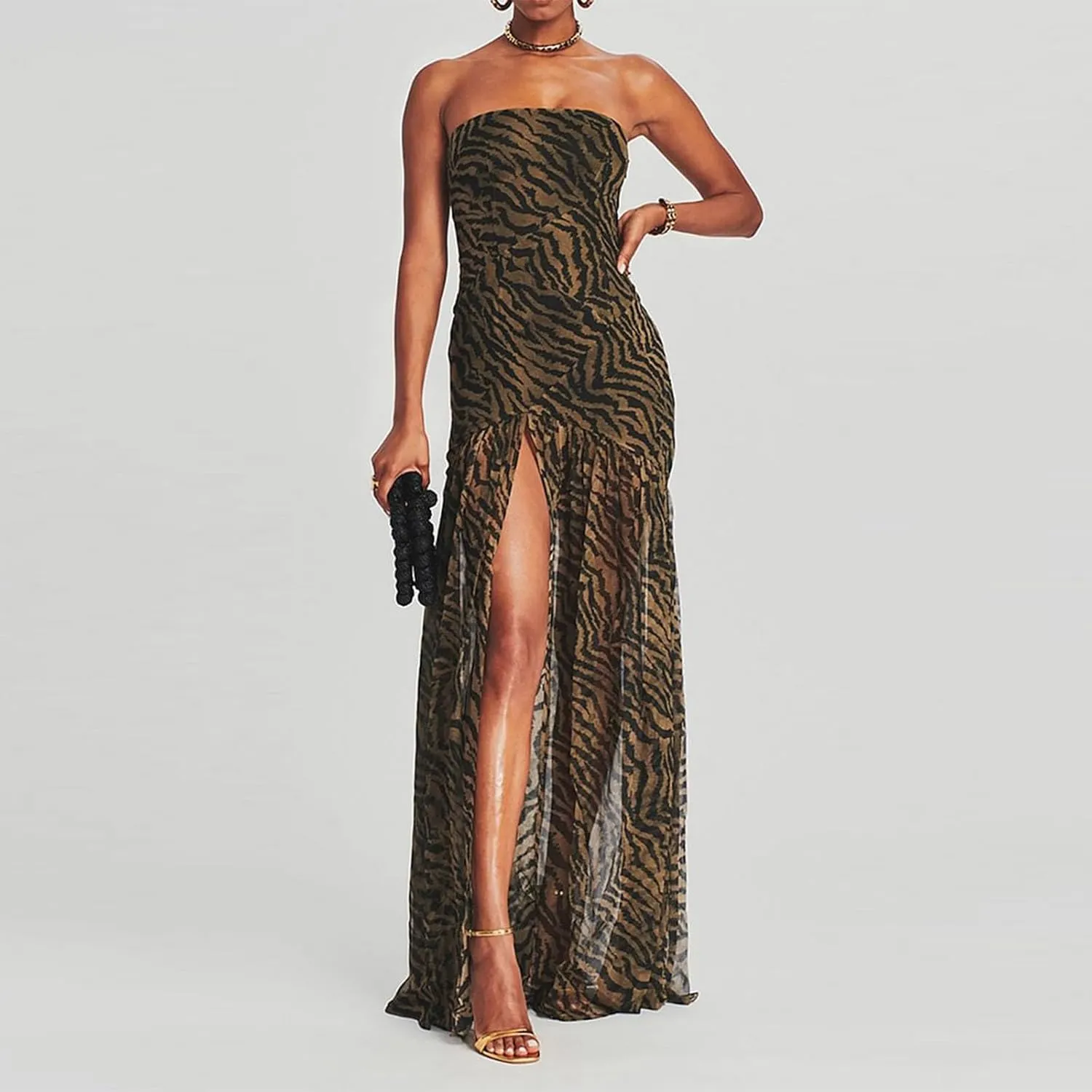 Women's Tube Top Dress Slim Strapless Backless Mesh Patchwork Tropical Leopard Print High Slit Long Dress