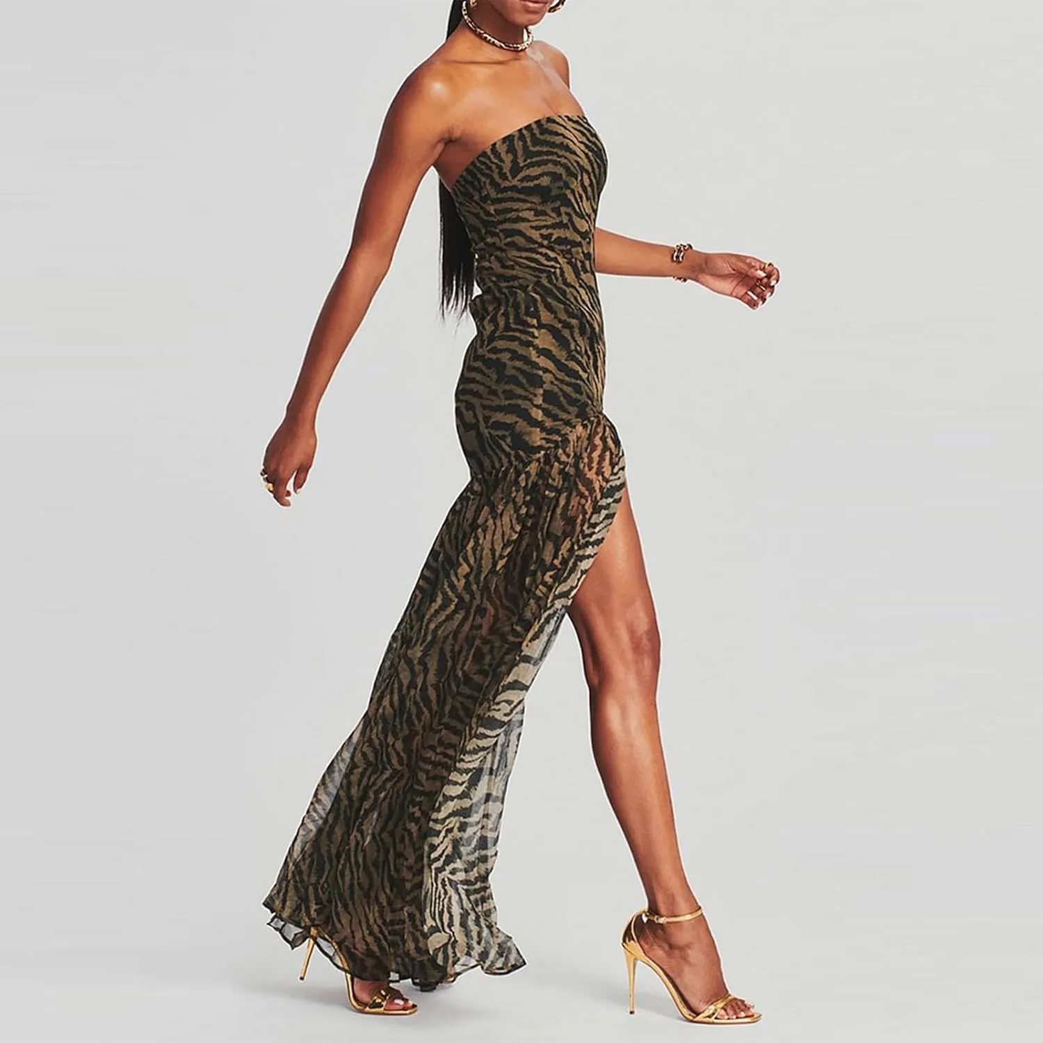 Women's Tube Top Dress Slim Strapless Backless Mesh Patchwork Tropical Leopard Print High Slit Long Dress