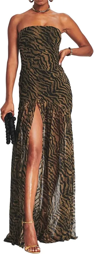 Women's Tube Top Dress Slim Strapless Backless Mesh Patchwork Tropical Leopard Print High Slit Long Dress