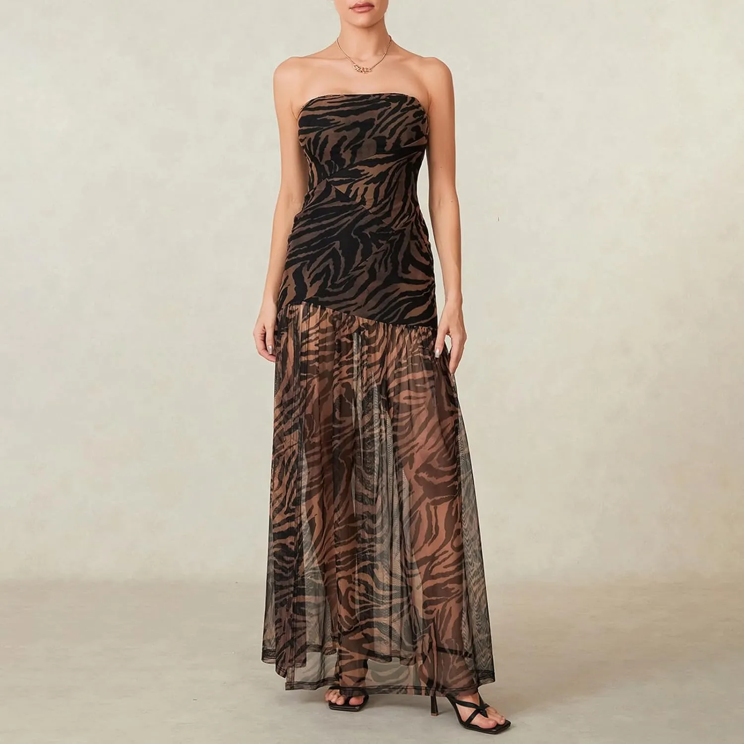 Women's Tube Top Dress Slim Strapless Backless Mesh Patchwork Tropical Leopard Print High Slit Long Dress