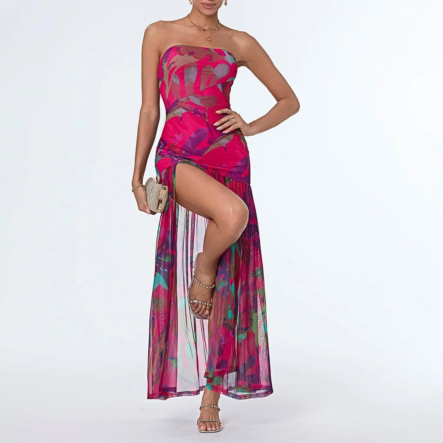Women's Tube Top Slim Strapless Backless Mesh Patchwork Tropical Leopard Print High Slit Long Dress for Party Club Night
