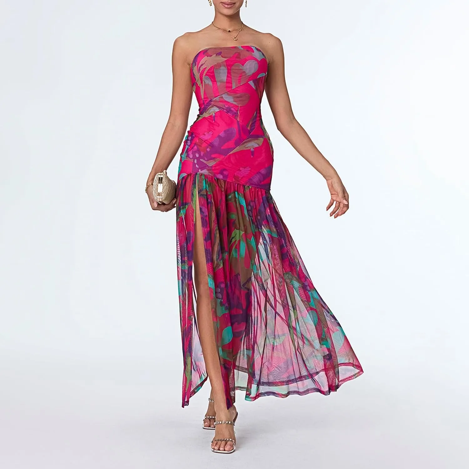Women's Tube Top Slim Strapless Backless Mesh Patchwork Tropical Leopard Print High Slit Long Dress for Party Club Night